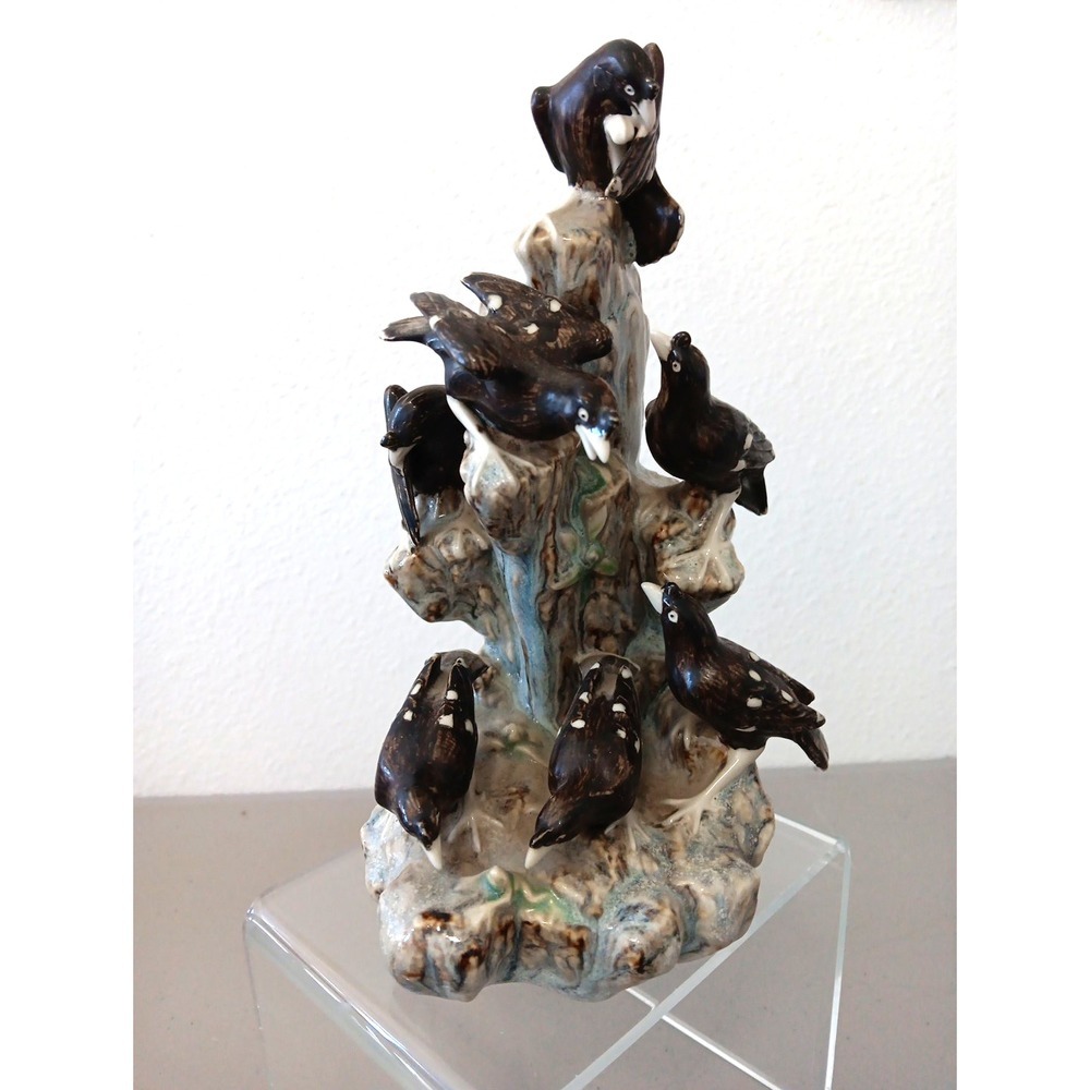 VTG‎ Birds Ceramic Figurine Dead Tree + 6 Black Birds Crows Drip Pottery Haunted - Picture 2 of 16